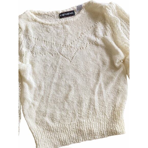 Vintage 70s 80s Boho Cottage Preppy Cream White Thin Knit Embroidered Sweater - Picture 6 of 8